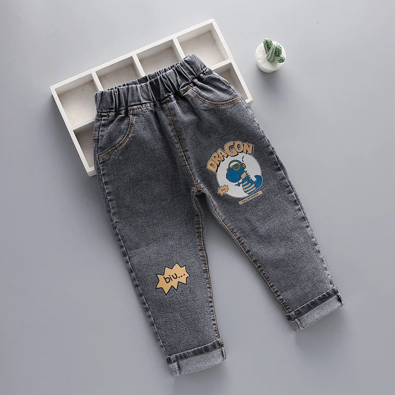 Children's fashion Spring and Autumn Jeans 2024New Boys' Korean Edition Cartoon Elastic Jeans Girls' Versatile Jeans 1-6Y