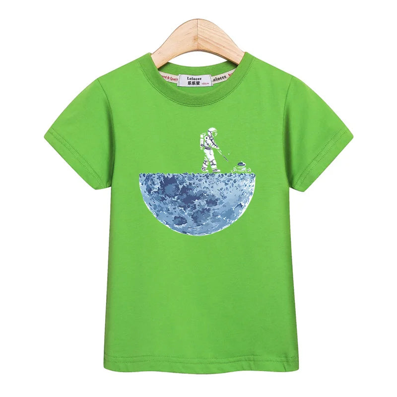 Astronaut New Cartoon T-shirt Boys Summer Shirt Children Short Sleeved Tops Spaceman Clothes 3-14T