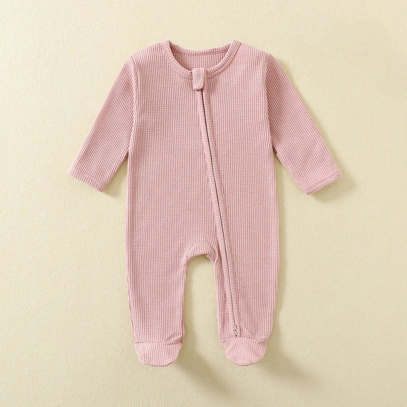 Organic Cotton Baby Rompers Waffle 100% Cotton Infant Boys Girls Jumpsuit Zipper Footed Solid Long-Sleeve Pajamas Sleepsuits