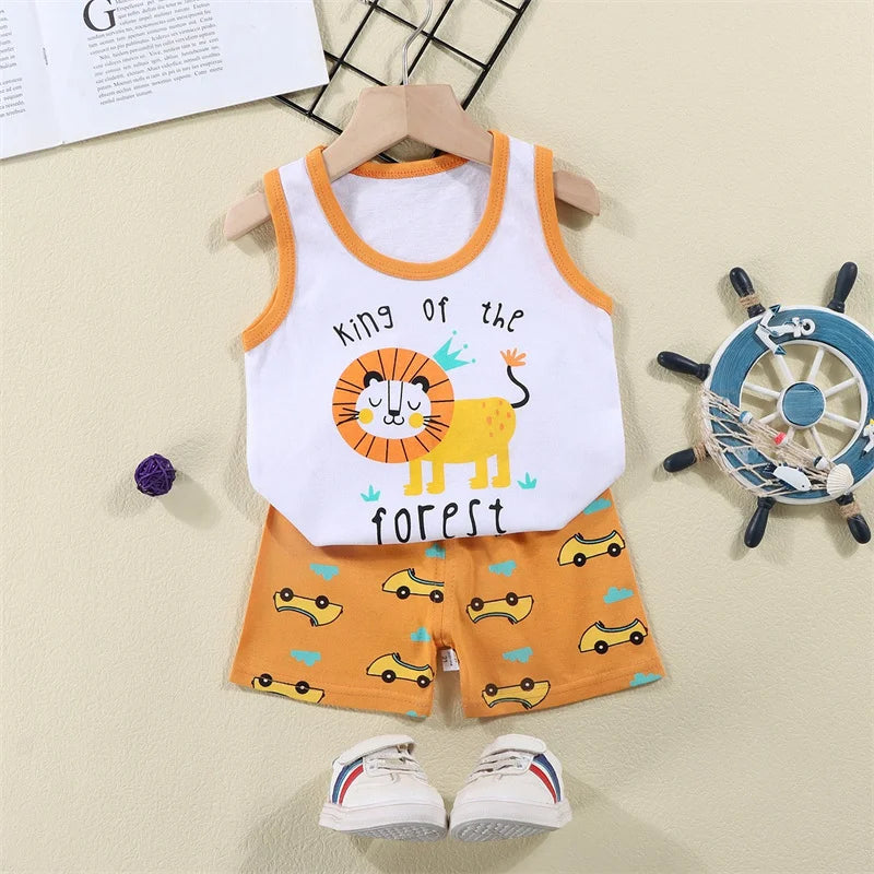 Vest+Shorts 2-Piece Clothing Set Cartoon Lion Pajamas Summer Kids Baby Boys Girls Cotton Casual Tracksuit Clothes Suit 1-6 Years