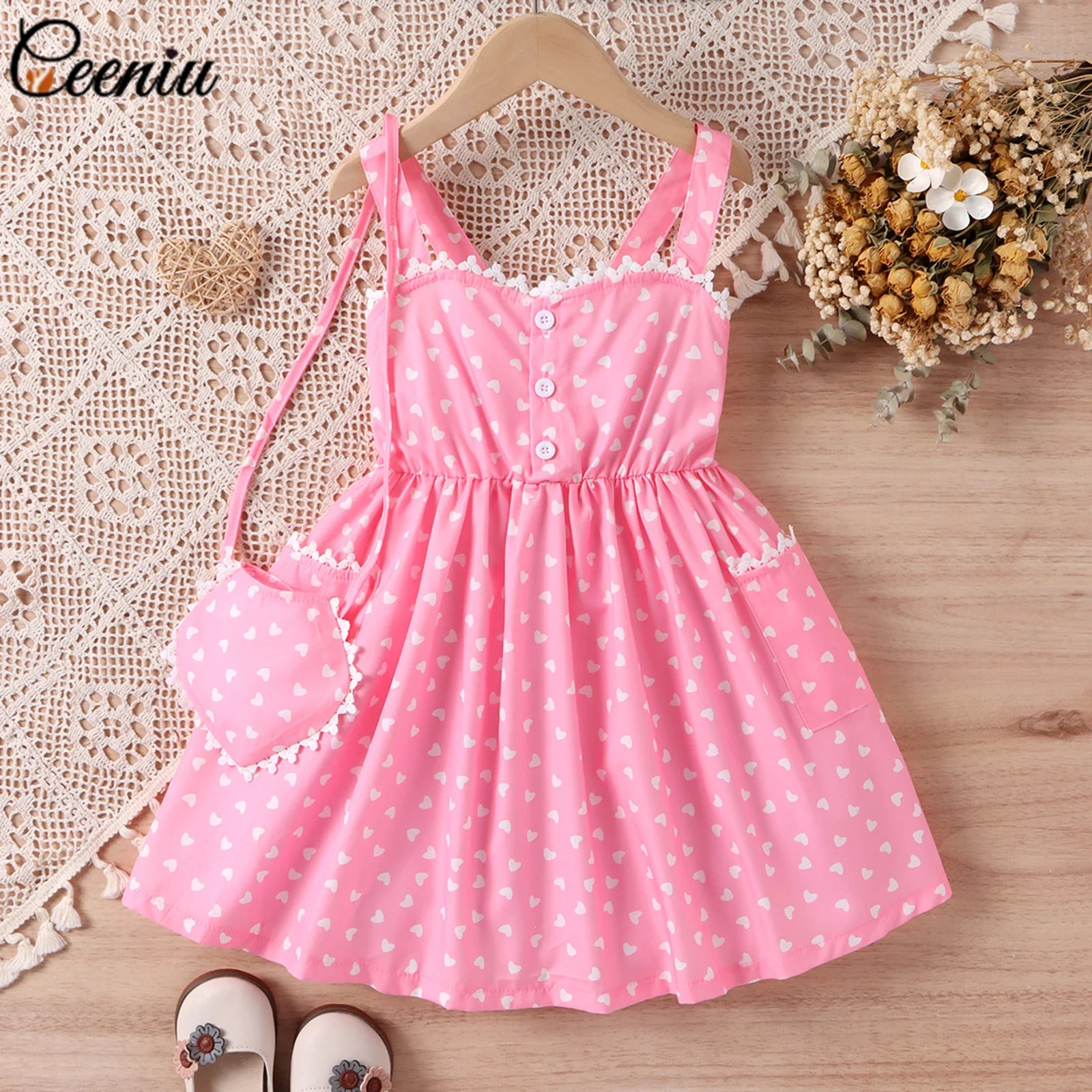 Ceeniu 2pcs Party Dresses For Girls Spaghetti Strap Pocket Heart Red Dress+Heart Bag Kids Birthday Dress Children's Clothing