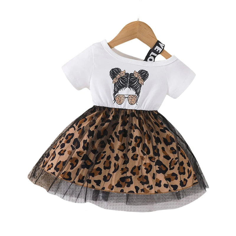 Children's Summer Dress 2-6Y Trendy Girls Short Sleeve Patchwork Leopard Print Mesh Dress Kid's Clothes Girls Outfit