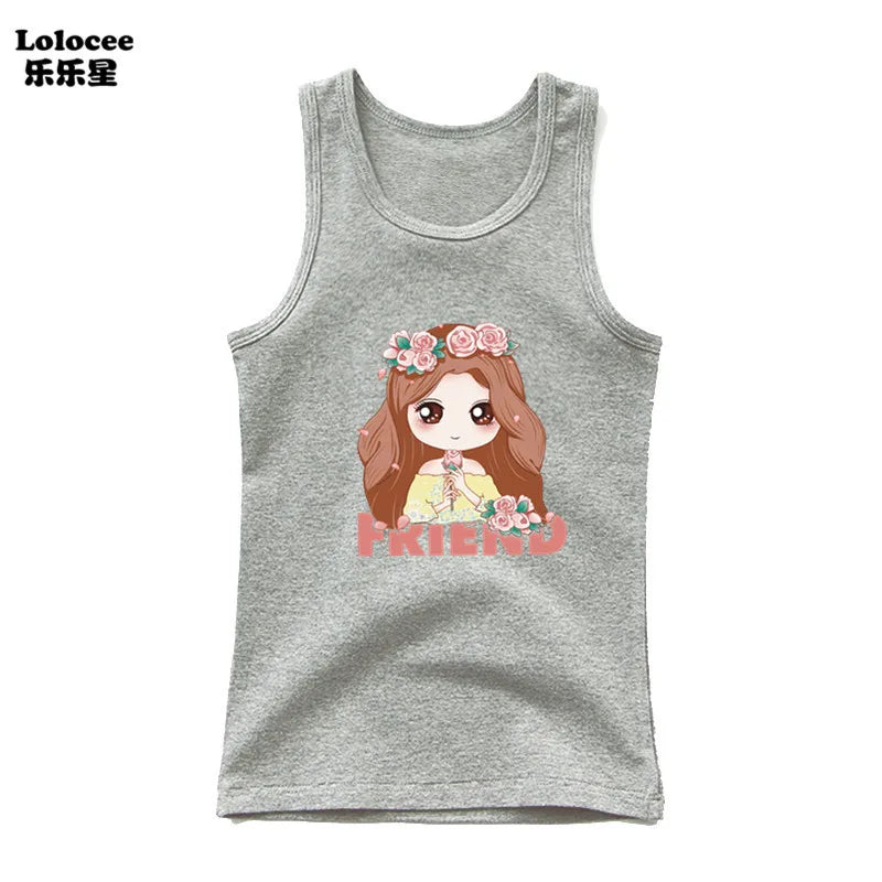 2023 New Girls Cute Singlet Underwear Princess Cotton Tank Tops Cartoon Kawaii Girl Print Sleeveless Shirt