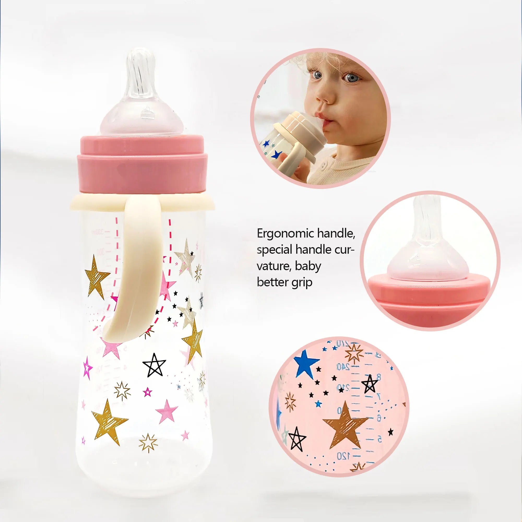 330ml star pattern baby bottle, bite-resistant, anti-flatulence PP bottle, large-capacity bottle for babies over 6 months old