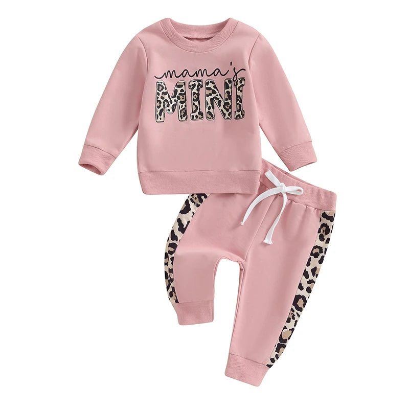 2 Pcs Toddler Baby Girl Spring Fall Clothes Letter/ Leopard Print Long Sleeve Pullover Tops Pocket Pants Casual Outfit