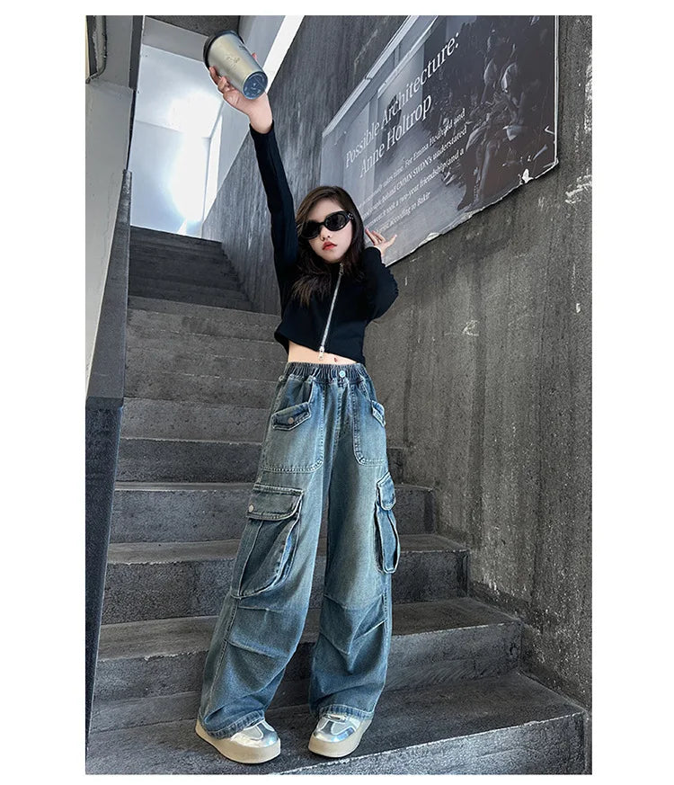 2025 Teenage Girls Jeans with Big Pocket Four Seasons High Waist Fashion Blue Cargo Denim Pants 2024 Hot Sale Wide Leg Trousers