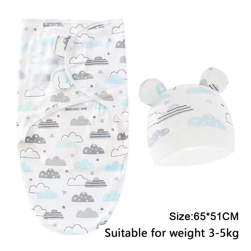 Baby Blanket Hat Set Cartoon Printed Cotton Newborn Swaddle Adjustable Infant Sleeping Swaddle Wraps All Seasons 0-6 Months