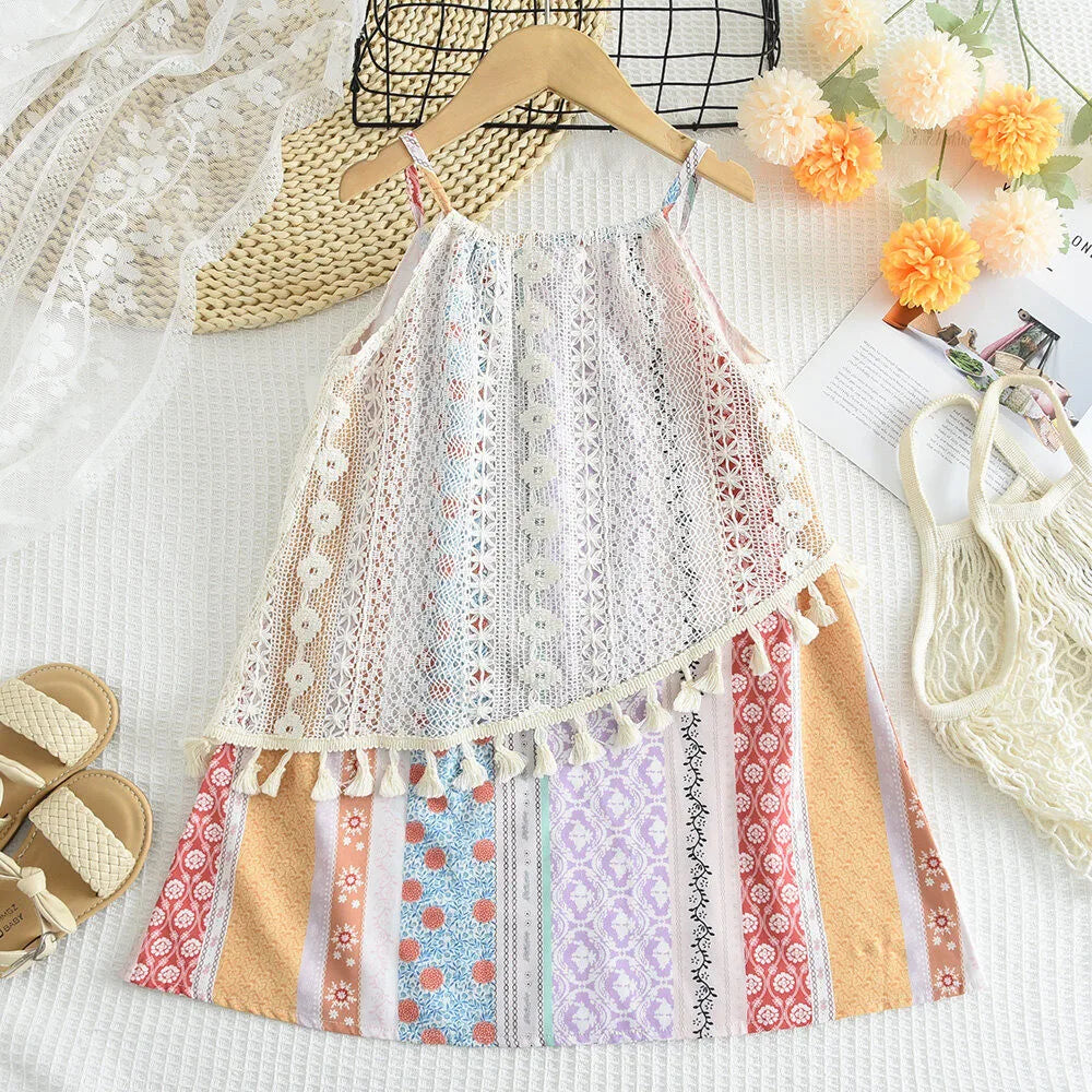 Bear Leader Summer Girls Print Clothes Bohemian Style Hollow Lace Tassel Sling Princess Dress Kids Wear Flower Stripes Outfits