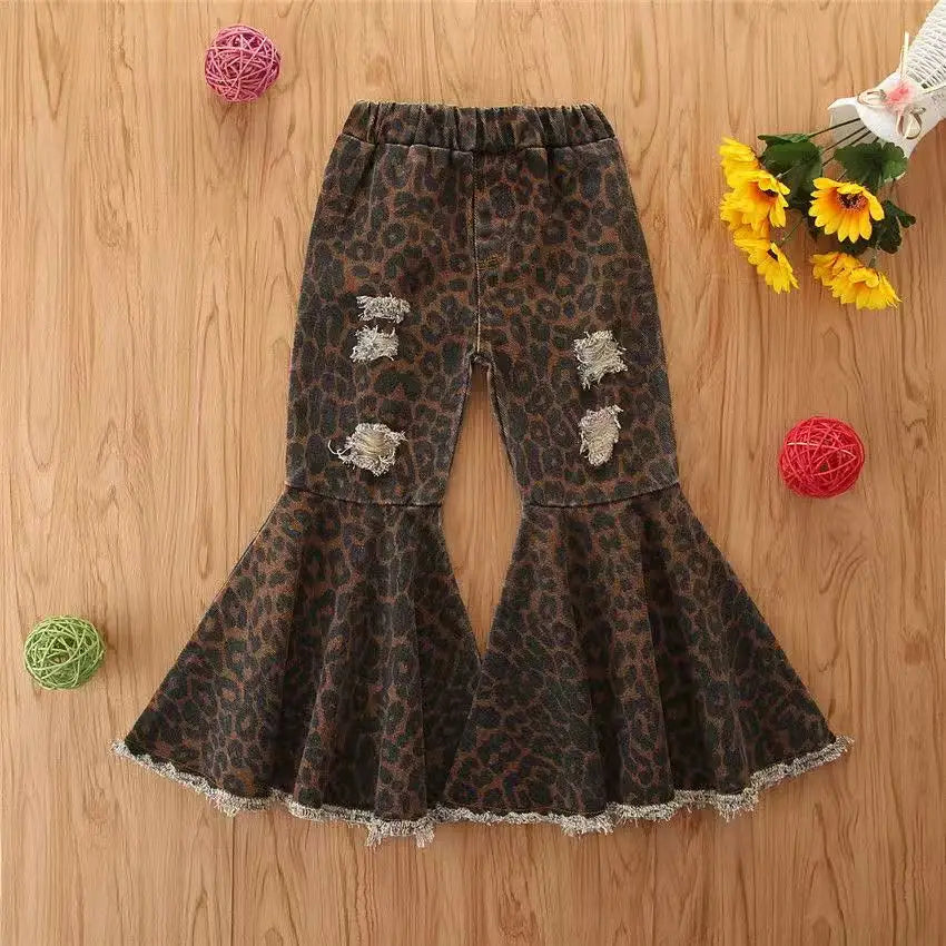 Children's Summer New Girls' Ripped Denim Flared Pants With Elastic Waistband And Leopard Print Casual Pants for Girls