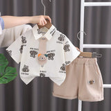 Children Clothes Spring Cartoon Kids Boy Short Sleeve Full Printe Bear Shirts Pants 2Pcs/Set Tie Kid Fashion Toddler Tracksuits