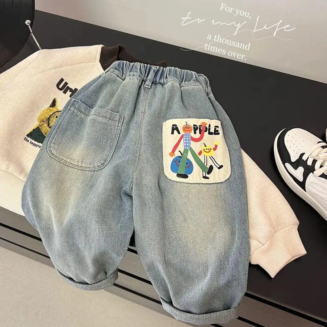 2025 Spring Autumn Kid Boys Denim Pants Side Pocket Polished White Children Boys Pants Elastic Waist Casual Baby Boys Trousers