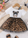 Children's Summer Dress 2-6Y Trendy Girls Short Sleeve Patchwork Leopard Print Mesh Dress Kid's Clothes Girls Outfit