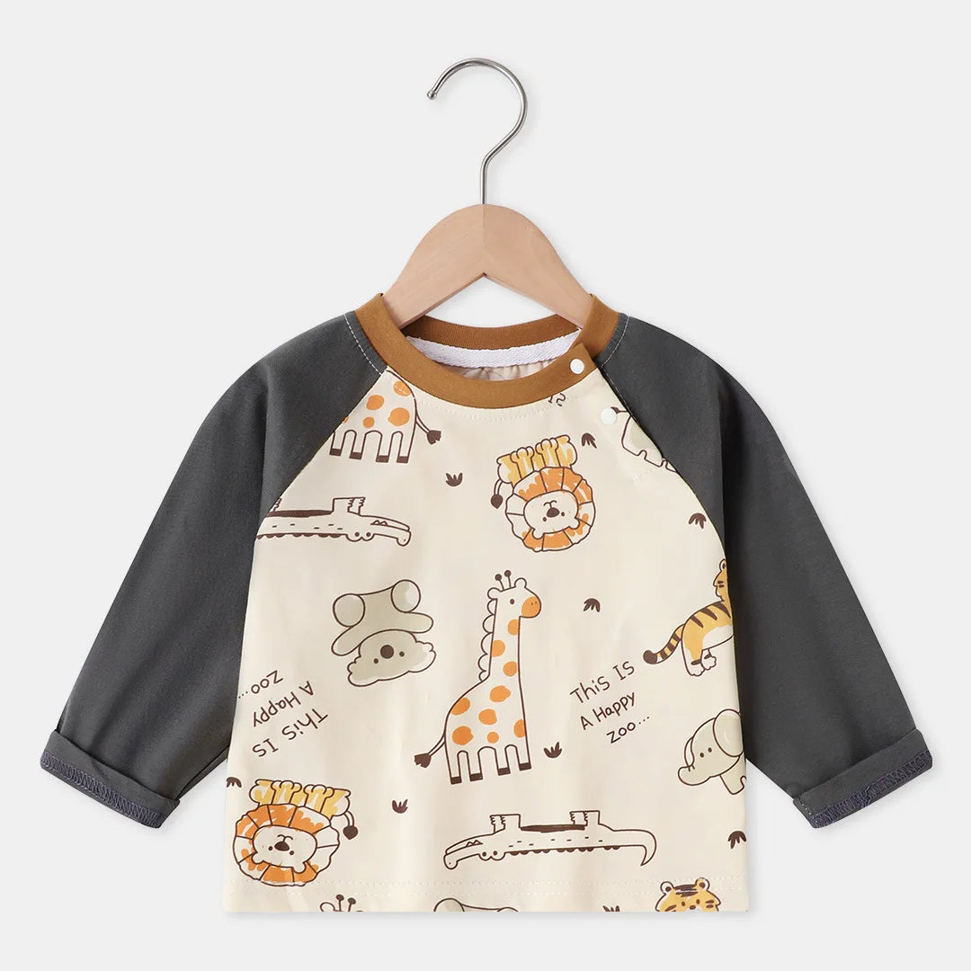 2025 Spring Autumn Children Boy Long Sleeves Cotton Animal Print Baby Boy Tees Loose Round Collar Spliced Raglan Kid Boy T-shirt