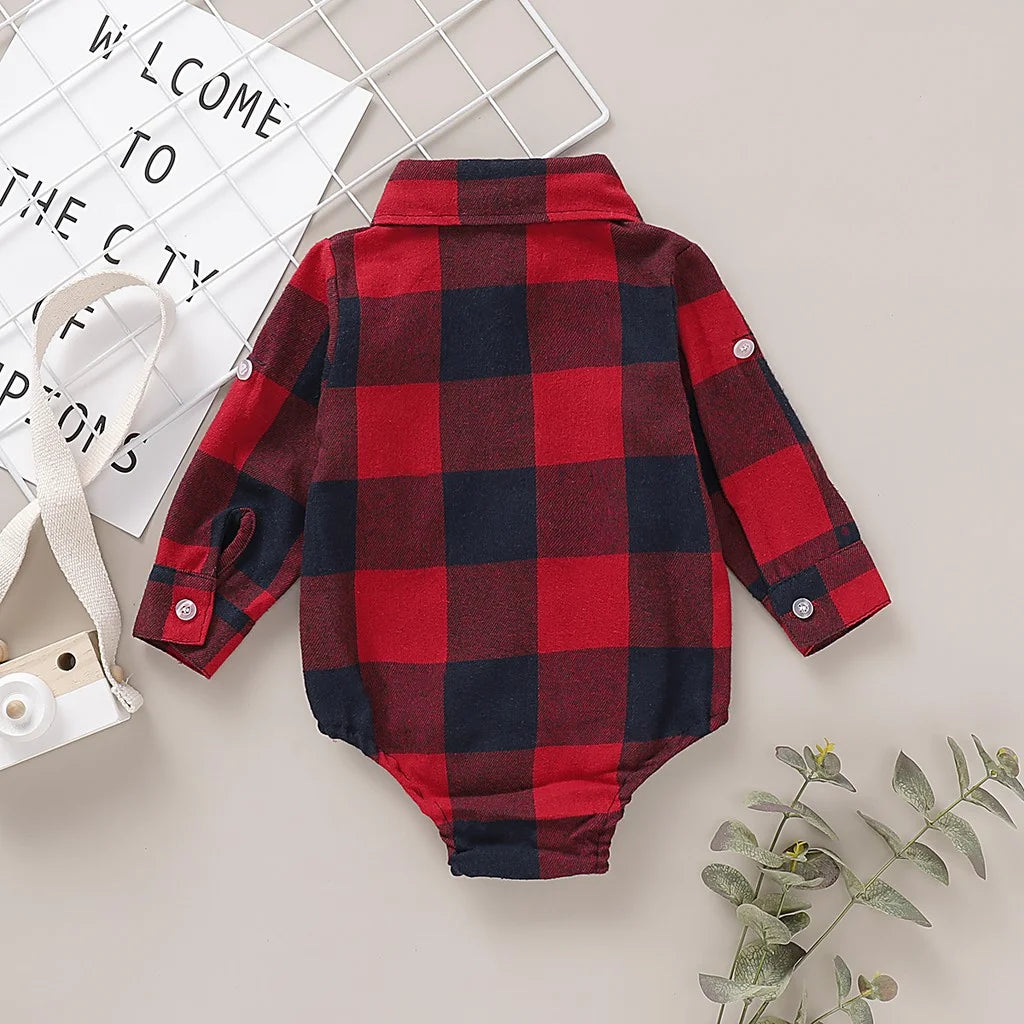 0-18 Months Newborn Baby Boy Bodysuit Plaid Long Sleeved Lapel Shirt Romper Gentleman Jumpsuit Fashion Wear for Toddler Boy