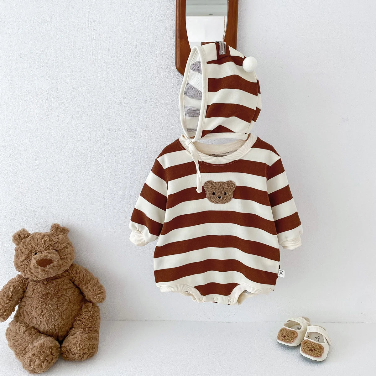 FLM Baby Romper Long Sleeved Bear Pattern + Hat Stripe Toddler Boy  Jumpsuit Baby Clothes 0-24M