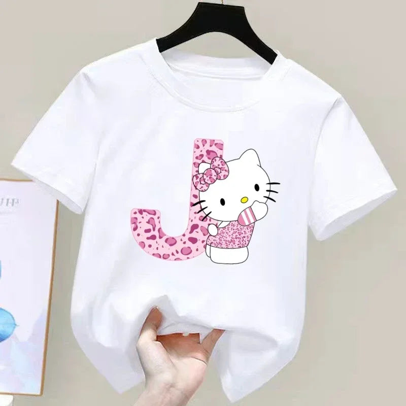 Hello Kitty Letter A-Z Children's Cotton Short-sleeved Top Sanrio Summer T-shirt Girly Heart Soft Clothes Kawaii Birthday Gift