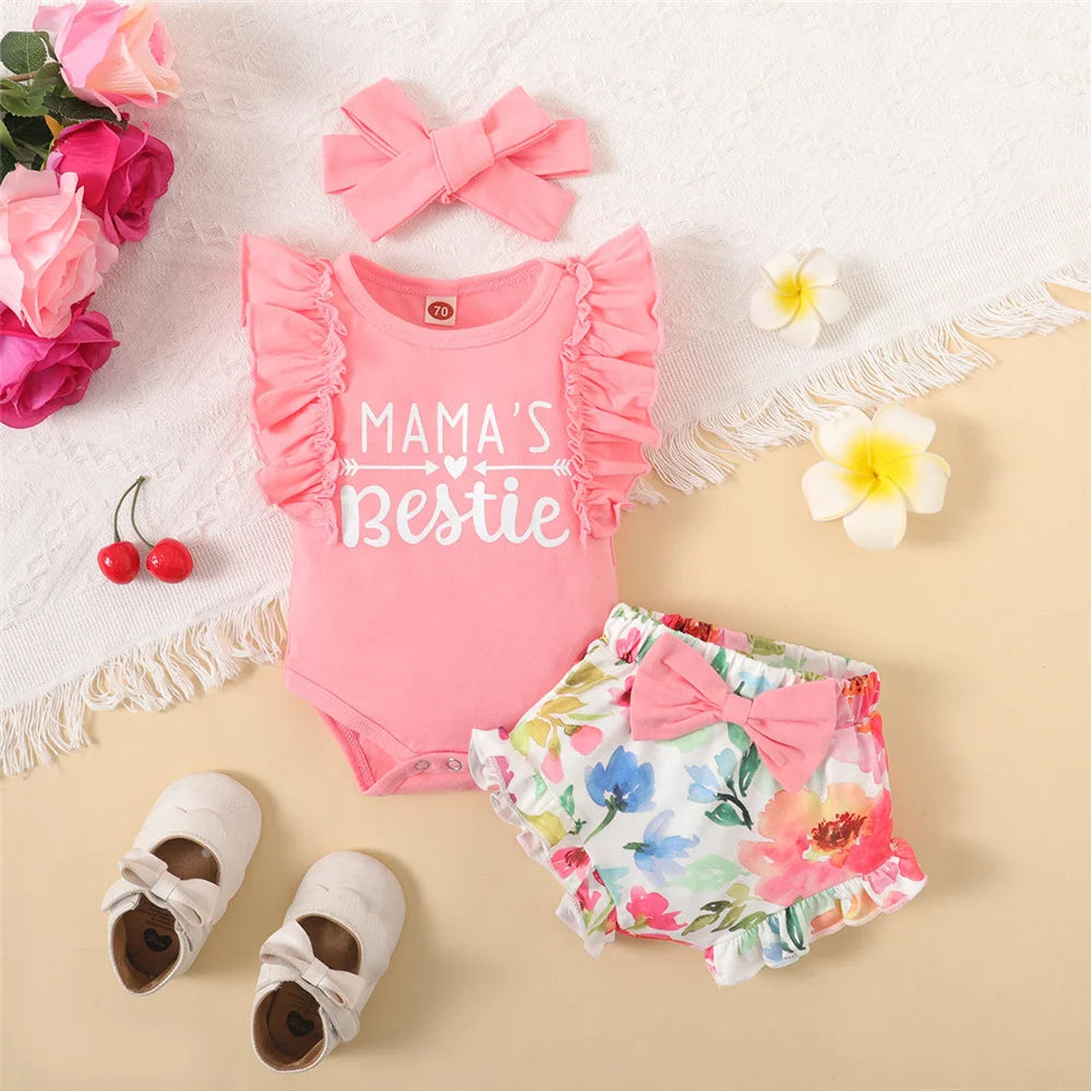 0-18Months Newborn Baby Girl Clothes Mommy's Girl Print Sleeveless Romper Top+Flowers Shorts+Headband Summer Lovely 3PCS Outfit