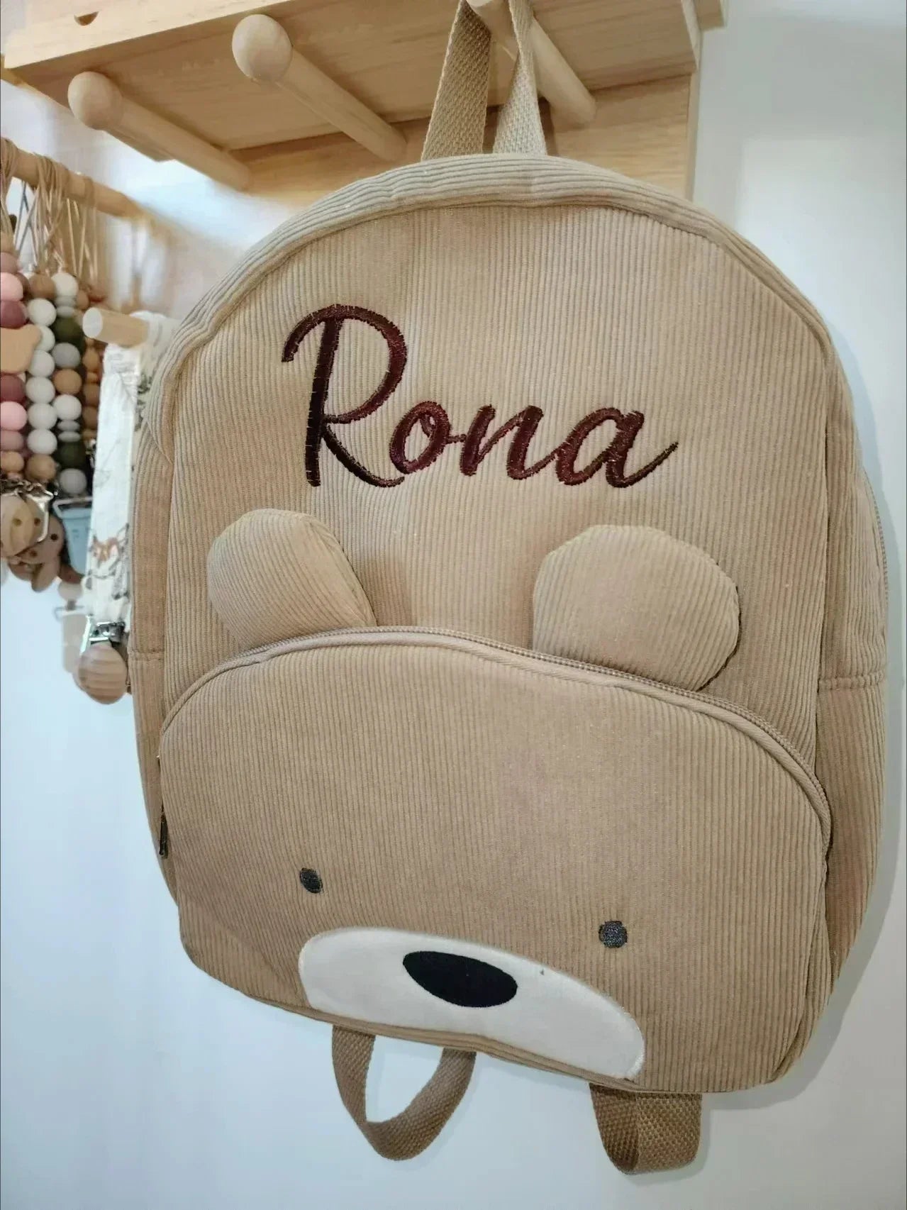 Customized Name Toddler Backpack Cartoon Bear Corduroy Large Capacity Backpack Embroidered Name Backpack Plush Bag