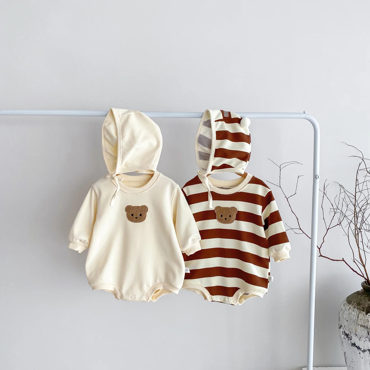 FLM Baby Romper Long Sleeved Bear Pattern + Hat Stripe Toddler Boy  Jumpsuit Baby Clothes 0-24M