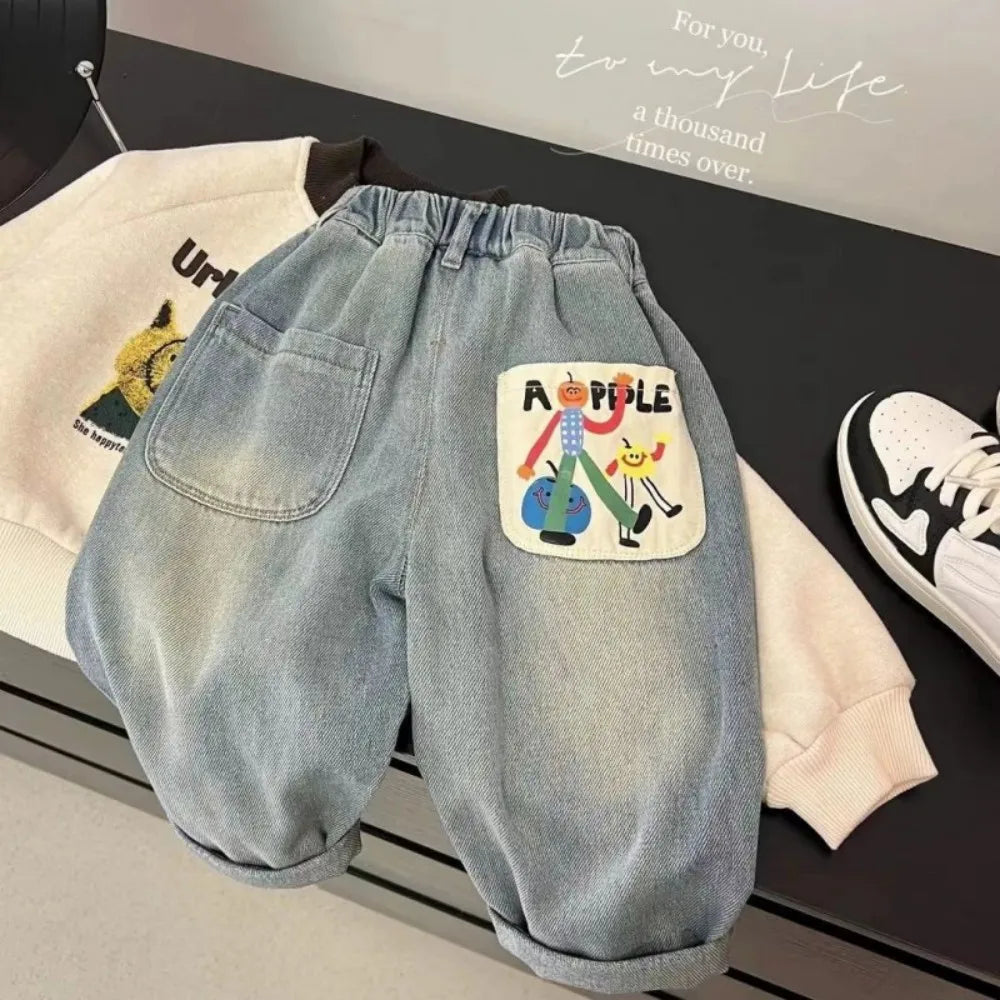 Children's Jeans Spring and Autumn Cartoon Boys and Girls Comfortable Soft Cotton Jeans Casual Pants Children's Baby Pants1-7Y