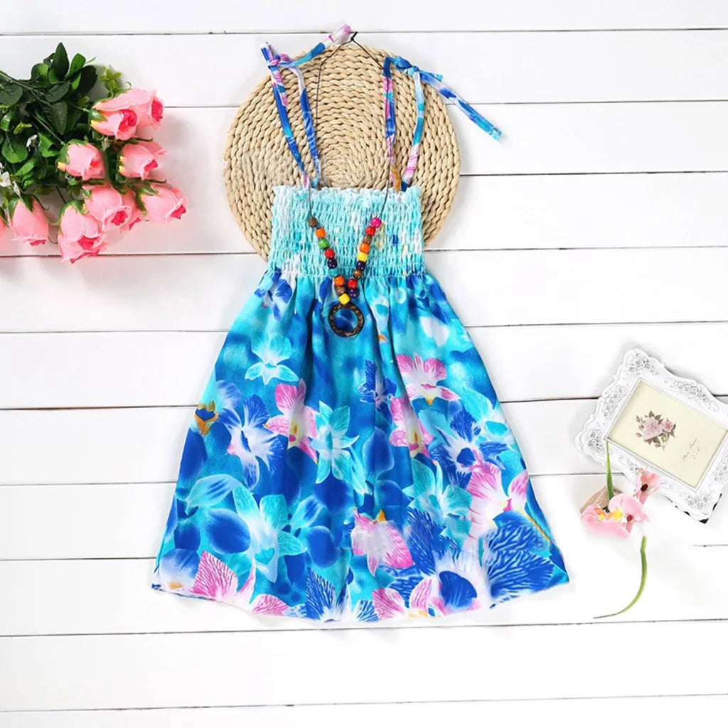 2024 Summer Dress Infant Kids Girls Baby Clothes Vestidos Floral Bohemian Beach Straps Dress  детская одежда Ropa Para NiñAs