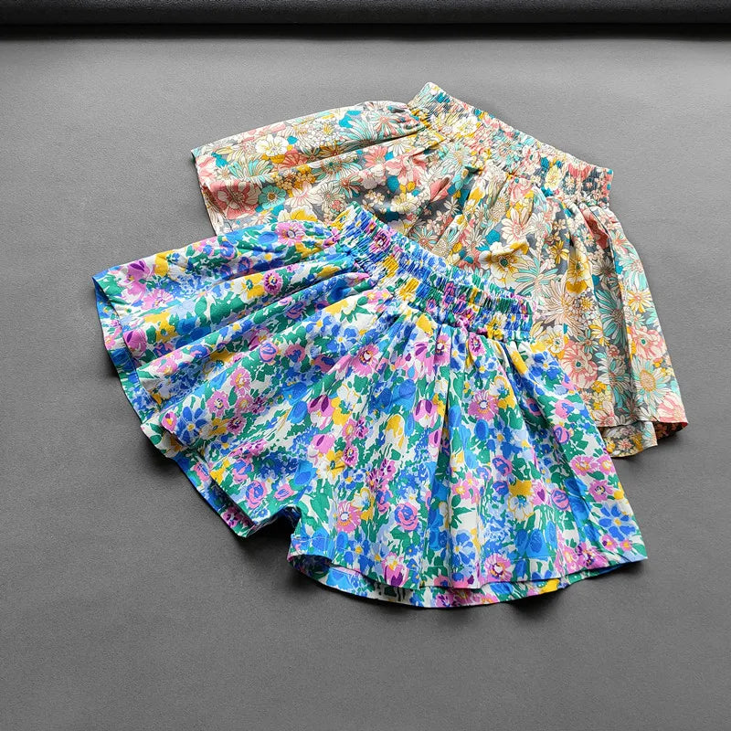 Baby Girls Flower Culottes Summer Sweet Fashionable Children's Floral Wide-Leg Hot Pants Kids Girls Mini Shorts