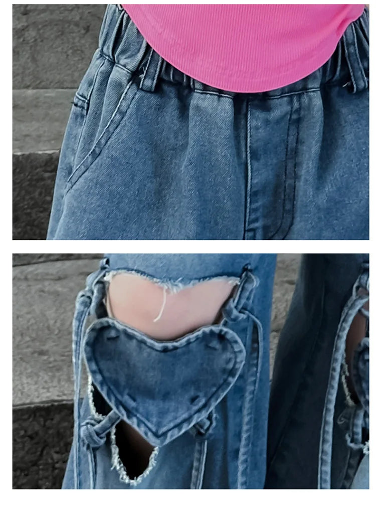 Girls Ripped Jeans Summer New Children's Loose Wide-leg Pants Kids Clothes Teenager Girl Fashion Heart Hollow Out Denim Trousers