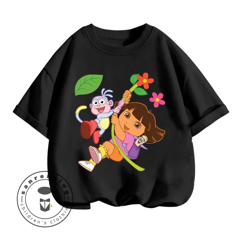 Fun Boys Girls Fashion T-shirt Dora Animated Cartoon Printed Kids T-shirt Hip Hop Boys Clothes White Short Sleeve Shirt Top