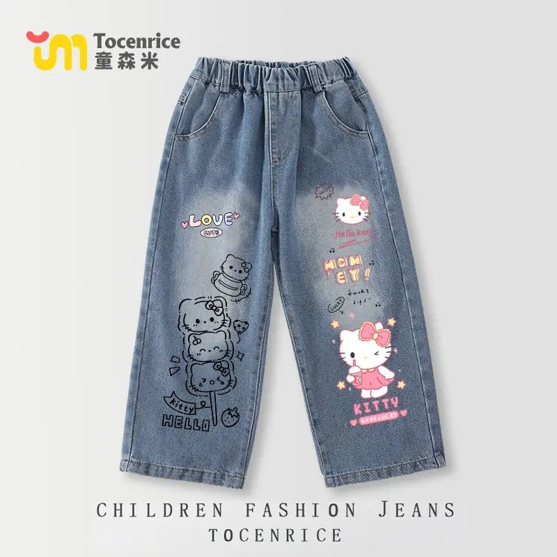 Cinnamoroll Kawaii Girl Jeans Pants Kuromi Hello Kitty Kids Anime Sanrios Cartoon Fashion Straight Elastic Waist Casual Jeans