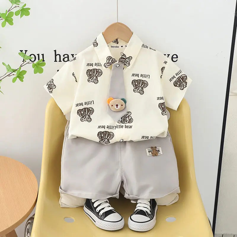 Children Clothes Spring Cartoon Kids Boy Short Sleeve Full Printe Bear Shirts Pants 2Pcs/Set Tie Kid Fashion Toddler Tracksuits