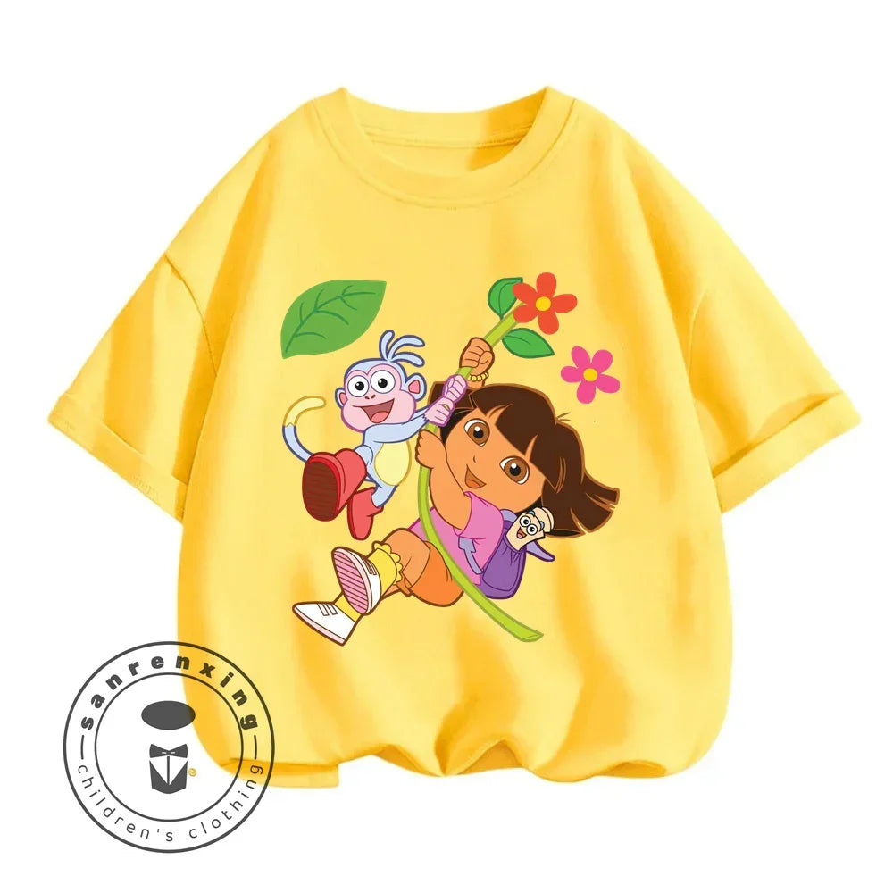 Fun Boys Girls Fashion T-shirt Dora Animated Cartoon Printed Kids T-shirt Hip Hop Boys Clothes White Short Sleeve Shirt Top