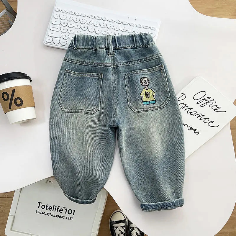 2-9Yrs Baby Children's Wear Boys Jeans Spring Autumn Kid Boy Embroidery Trousers 2024 New Wear Casual Boys Handsome Loose Pants