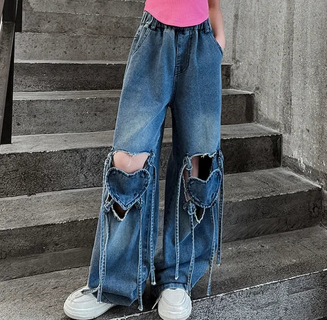 Girls Ripped Jeans Summer New Children's Loose Wide-leg Pants Kids Clothes Teenager Girl Fashion Heart Hollow Out Denim Trousers