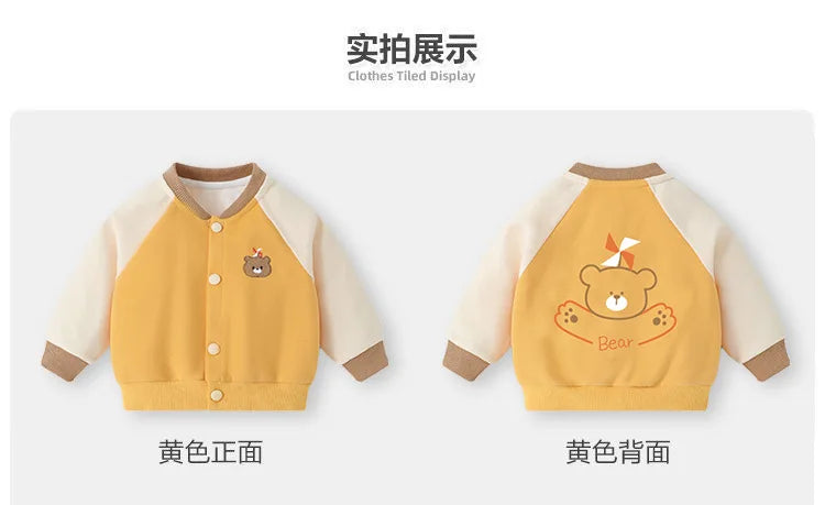 Spring Autumn Children Boy Baseball Uniform Cotton Bear Dinosaur Baby Boy Jackets V-collar Spliced Raglan Sleeve Infant Boy Coat