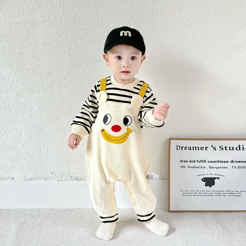 Spring Autumn New Newborn Boys Romper Fake Two Pieces Cartoon Eyes Print Infant Boys Bodysuit Patched Striped Baby Boys Jumpsuit