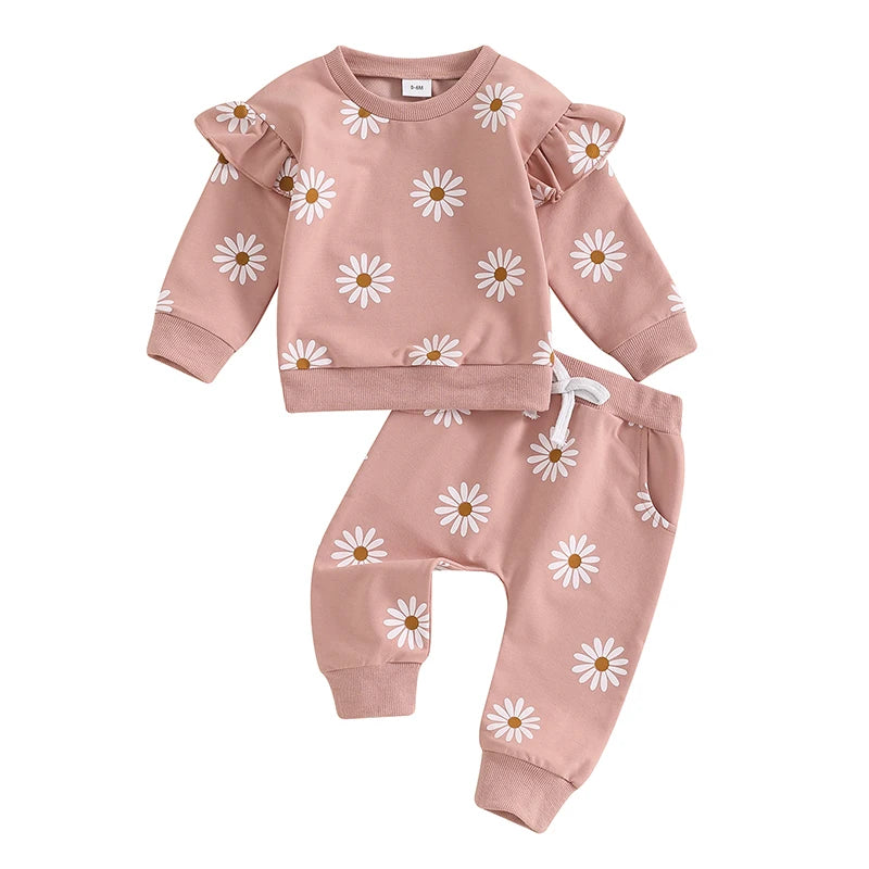 Toddler Kids Clothes Girls Clothing Floral Print Long Sleeve Loose Pullover Sweatshirts+Pocket Pants Sets