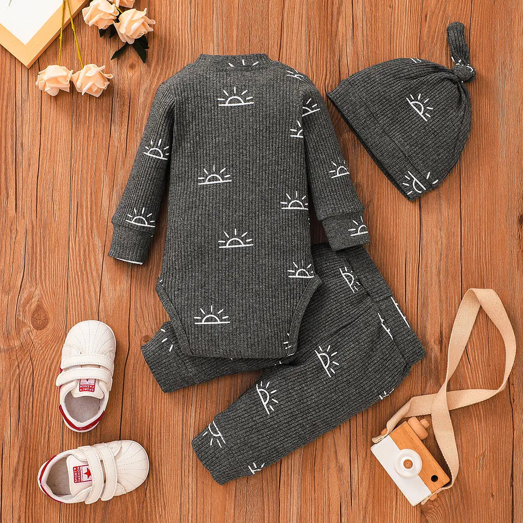 3PCS Baby Boy Clothes Set Spring Autumn Knitted V-neck Romper+infant Pants+Cap Newborn Outfit