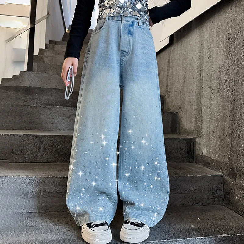 2024 New Kids Girls Wide-Leg Jeans Fashion Rhinestone Sequin Elastic Waistband Pants Denim Trousers Casual Children Bottoms