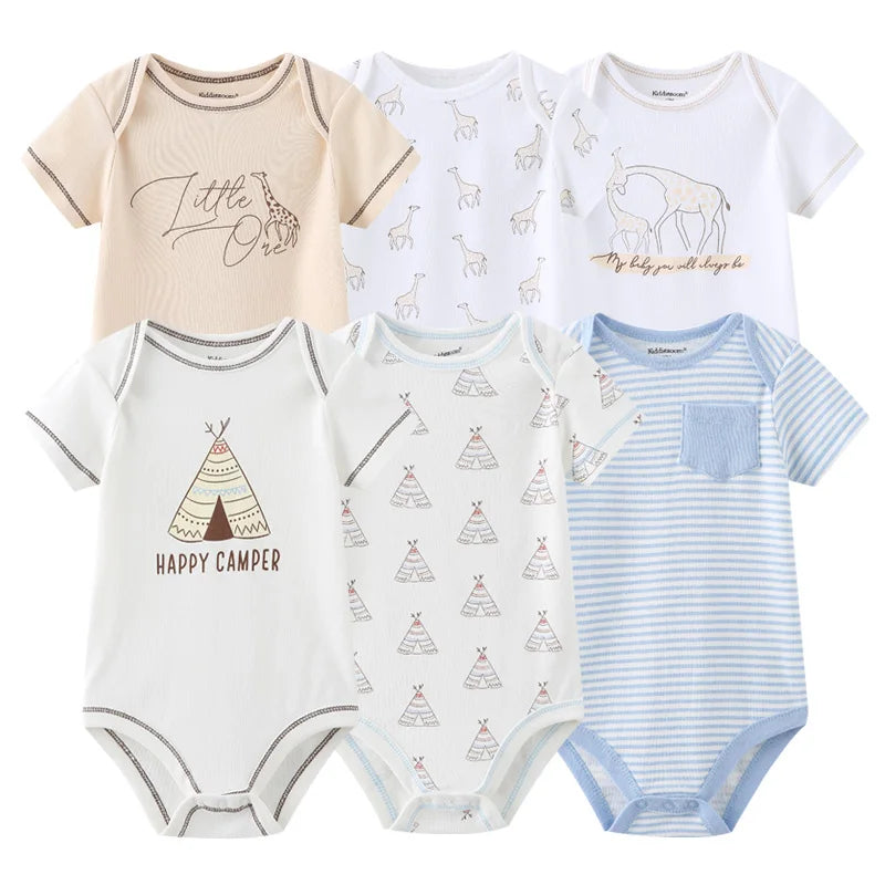 6Pieces Newborn Cotton Baby Boy Clothes Set Solid Color Sleeveless Baby Girl Clothes 0-12M Cartoon Print Bodysuits Summer Bebes