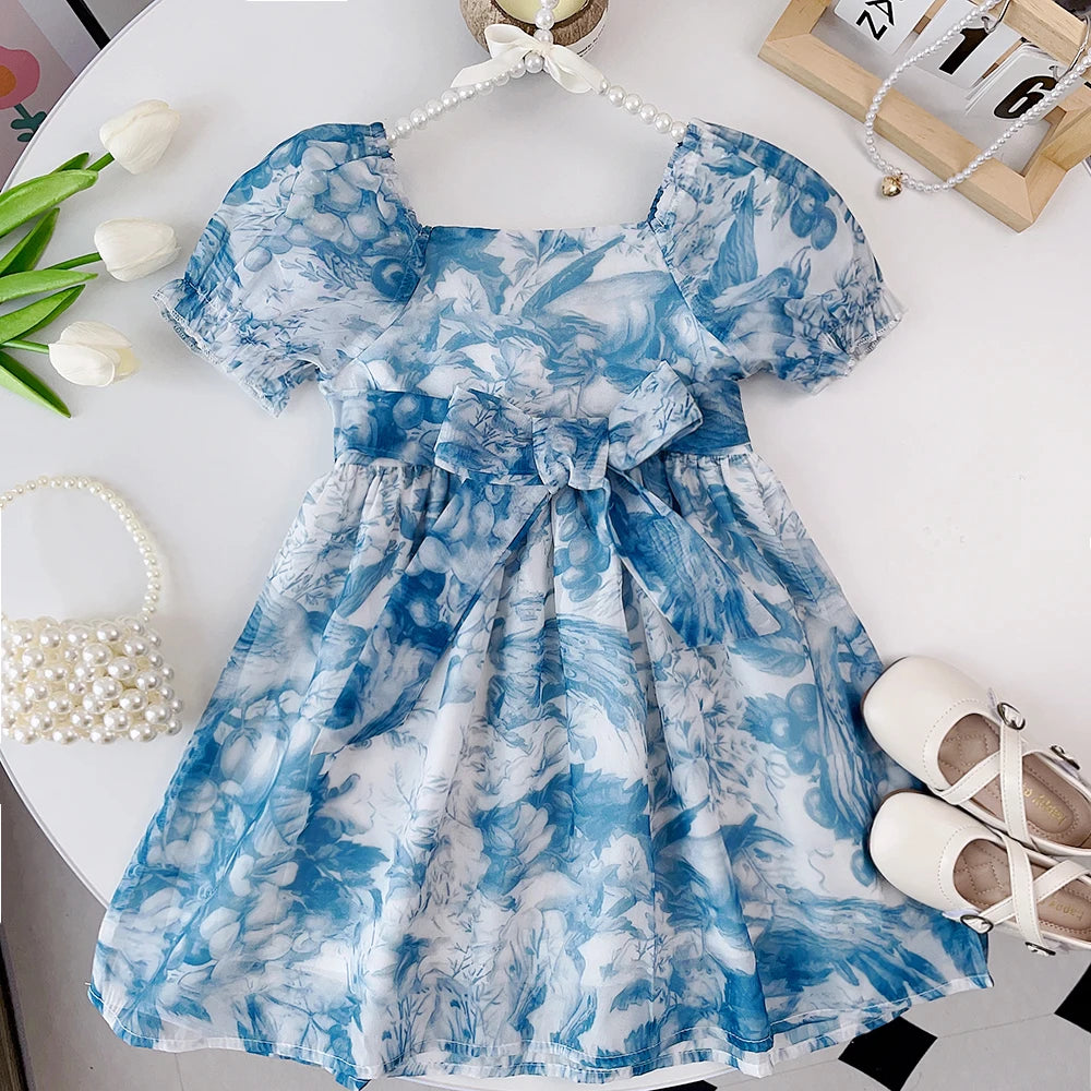 Bear Leader 2023 Summer New Girls' Fashion Ink Painting Print Speaker Short Sleeve Princess Dress Children's Casual Dress