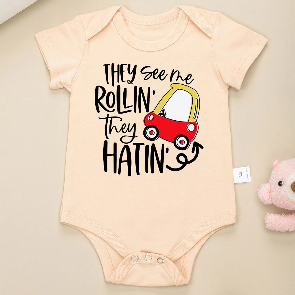 They See Me Rollin They Hatin Cute Baby Onesie Boy Girl Clothes Street Casual Cartoon Kawaii Harajuku Toddler Romper Cotton