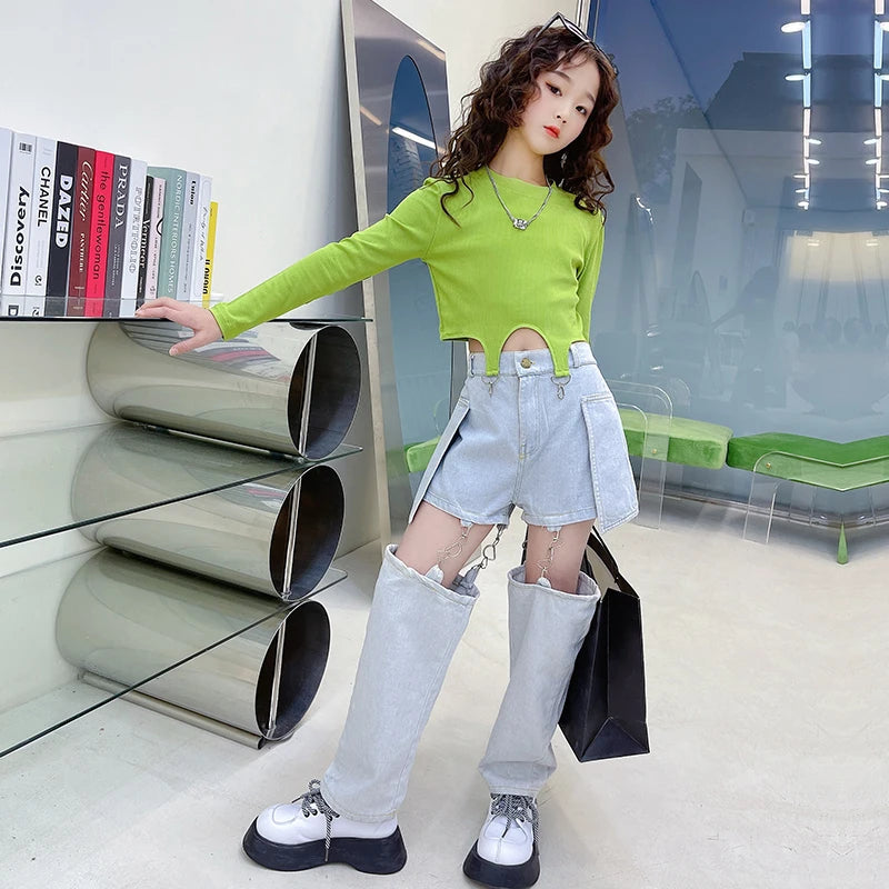 Fashionable Children's Jeans Teens Girls Pants Hip Hop Hooks Split Jeans Shorts Spring Summer Kids Trousers Trend Wide-Leg Jeans