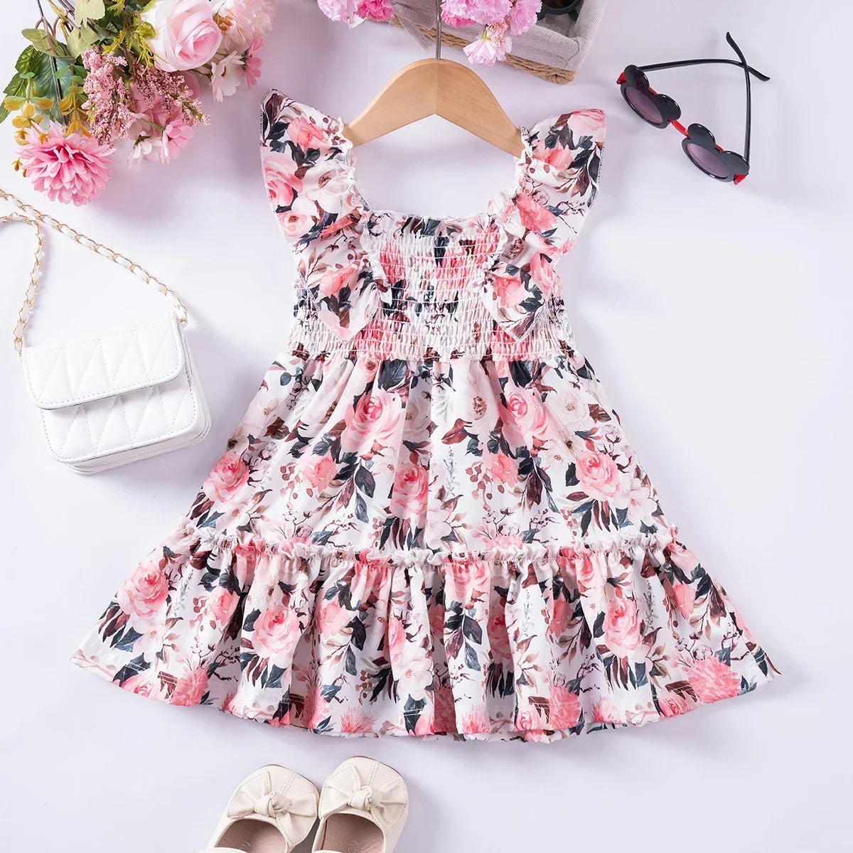 2024 Summer New Kids Dresses for Girls Floral Fly Sleeve Sleeveless Princess Dress Cute Sweet Lovely Fashion Versatile