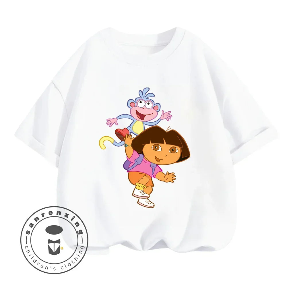 Fun Boys Girls Fashion T-shirt Dora Animated Cartoon Printed Kids T-shirt Hip Hop Boys Clothes White Short Sleeve Shirt Top