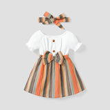 PatPat 2pcs Baby Girl Solid & Striped Spliced Bow Front Short-sleeve Dress with Headband Set Perfect for Outings and Daily Wear