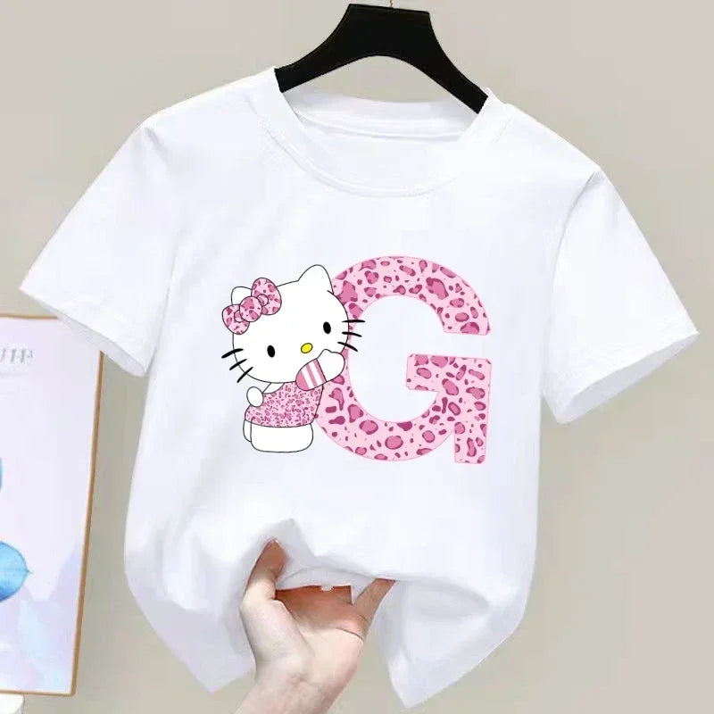 Hello Kitty Letter A-Z Children's Cotton Short-sleeved Top Sanrio Summer T-shirt Girly Heart Soft Clothes Kawaii Birthday Gift