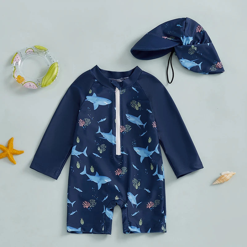 0-5Years Kids Boy Rash Guard Swimsuits Shark Print Long Sleeve Half Zip-up Bathing Suit with Sun Hat 2 Pcs Swimwear for Toddler