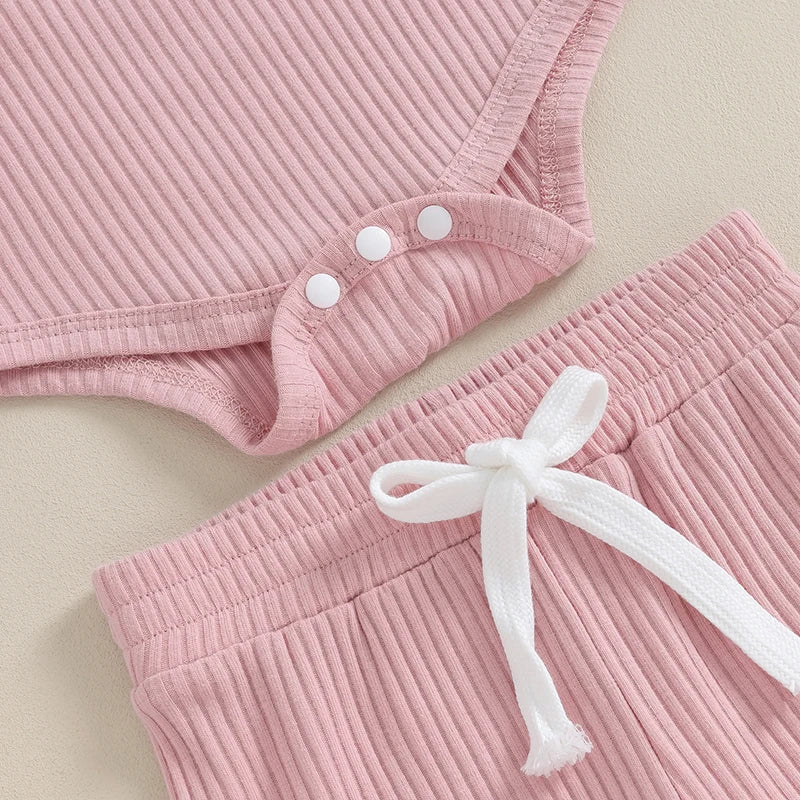 Mubineo 0 to18 Months Baby Girl Clothes Ribbed Romper Ruffle Long Sleeve Pants for Newborn Pink Outfits Baby Clothing Spring Set