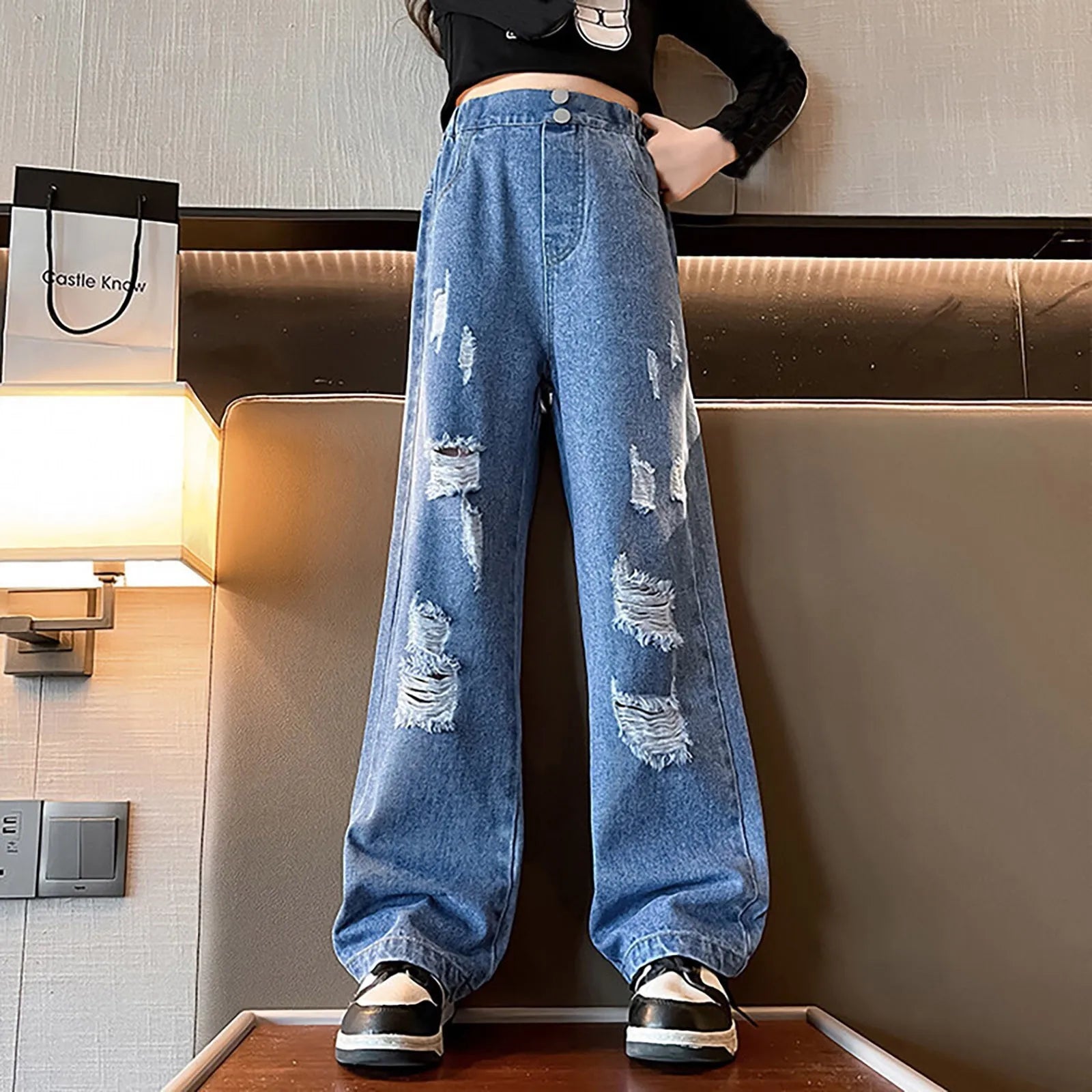 2024 Spring Autumn Girls Love Rough Edges Jean Korean Wide Leg Pants Teenagers Loose Elastic Waist Cowboy Pantalones De NiñA