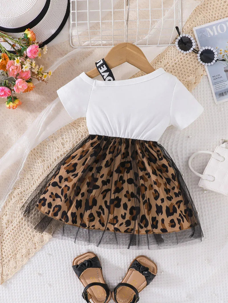 Children's Summer Dress 2-6Y Trendy Girls Short Sleeve Patchwork Leopard Print Mesh Dress Kid's Clothes Girls Outfit